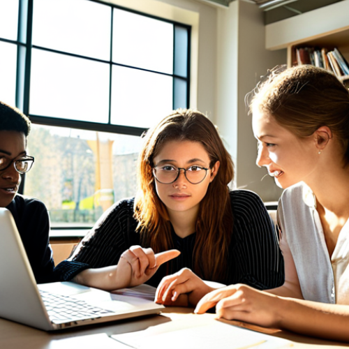 **

A diverse group of students in a modern university library, some studying textbooks on sociology and psychology, others working on laptops. Sunlight streams through large windows. In the background, a career guidance counselor helps a student, pointing to a chart outlining different academic paths to social work. The overall mood is hopeful and academic.

**