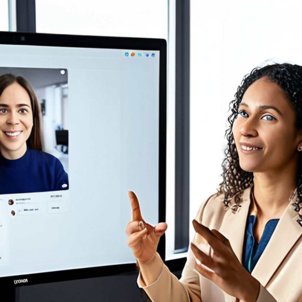 A modern French social worker in a contemporary, bright office, embodying the hybrid nature of social work. One hand gently gestures towards a person in front (partially visible, implying in-person interaction), while the other hand is near a large monitor displaying multiple diverse faces in video conference calls. The image should convey warmth, digital empathy, and efficient use of technology to connect with diverse clients, blending physical presence with virtual engagement. Soft, natural lighting. Professional and compassionate atmosphere.