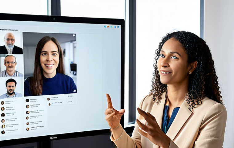 A modern French social worker in a contemporary, bright office, embodying the hybrid nature of social work. One hand gently gestures towards a person in front (partially visible, implying in-person interaction), while the other hand is near a large monitor displaying multiple diverse faces in video conference calls. The image should convey warmth, digital empathy, and efficient use of technology to connect with diverse clients, blending physical presence with virtual engagement. Soft, natural lighting. Professional and compassionate atmosphere.