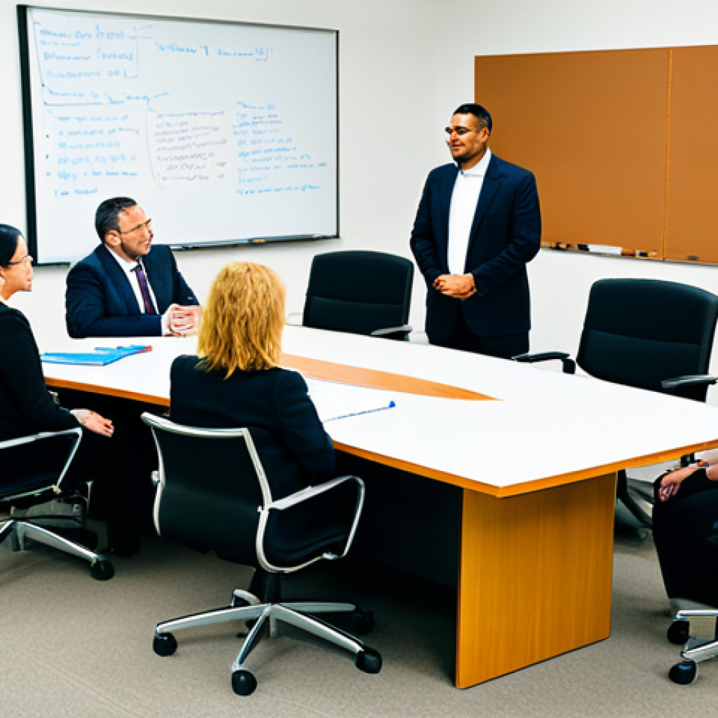 A diverse group of professional social workers and community leaders, including men and women of various ages and ethnicities, fully clothed in modest business attire, are engaged in a collaborative discussion around a large conference table in a bright, modern community center. They are actively brainstorming, with strategic plans and notes visible on a whiteboard in the background, symbolizing a shared vision and co-construction of solutions. The atmosphere is positive and focused, reflecting an intersectoral partnership. Professional photography, sharp focus, natural pose, perfect anatomy, well-formed hands, correct proportions, safe for work, appropriate content, family-friendly, high quality.