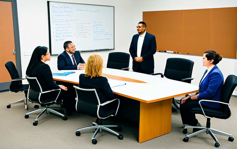 A diverse group of professional social workers and community leaders, including men and women of various ages and ethnicities, fully clothed in modest business attire, are engaged in a collaborative discussion around a large conference table in a bright, modern community center. They are actively brainstorming, with strategic plans and notes visible on a whiteboard in the background, symbolizing a shared vision and co-construction of solutions. The atmosphere is positive and focused, reflecting an intersectoral partnership. Professional photography, sharp focus, natural pose, perfect anatomy, well-formed hands, correct proportions, safe for work, appropriate content, family-friendly, high quality.