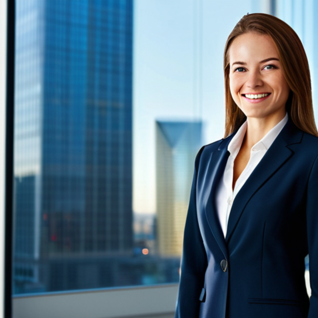 Business Professional**

"A professional businesswoman in a sharp, modern business suit, standing confidently in a bright, contemporary office.  She is smiling warmly. The background features blurred city lights.  Fully clothed, appropriate attire, safe for work, perfect anatomy, natural proportions, professional, high quality photography."

**