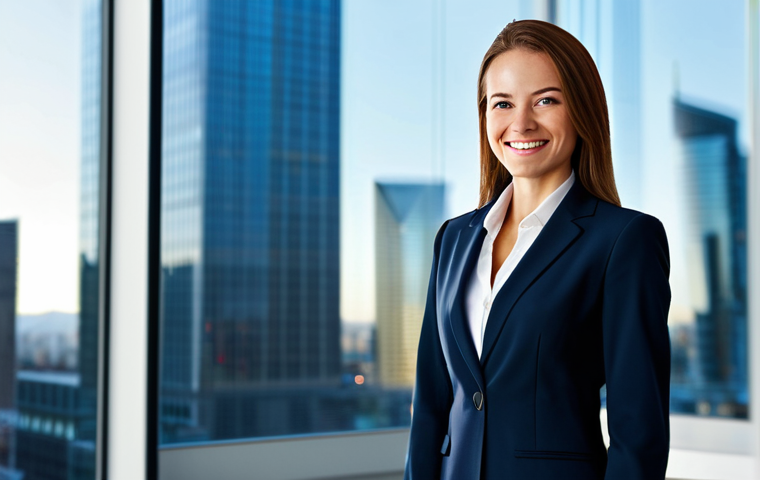 Business Professional**
"A professional businesswoman in a sharp, modern business suit, standing confidently in a bright, contemporary office. She is smiling warmly. The background features blurred city lights. Fully clothed, appropriate attire, safe for work, perfect anatomy, natural proportions, professional, high quality photography."
**