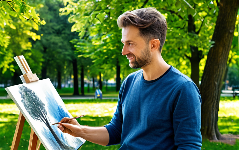 사회복지사 직무 스트레스 해소법 - Balanced Lifestyle**
"A social worker enjoying a hobby outdoors, such as painting in a park, fully ...