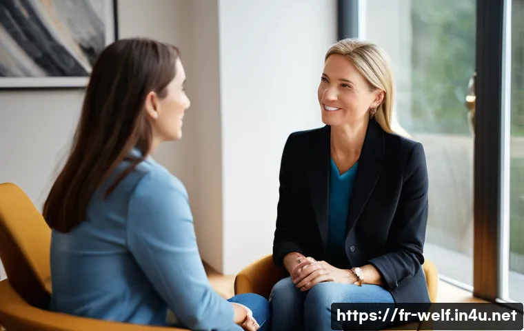 사회복지사와 정신건강복지 분야 - **Prompt:** A warm, inviting scene in a modern, well-lit counseling office. A female psychologist, m...