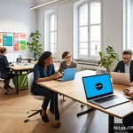 사회복지사 직업 만족도 조사 - A modern social work office environment in France, showing a diverse group of professional social wo...