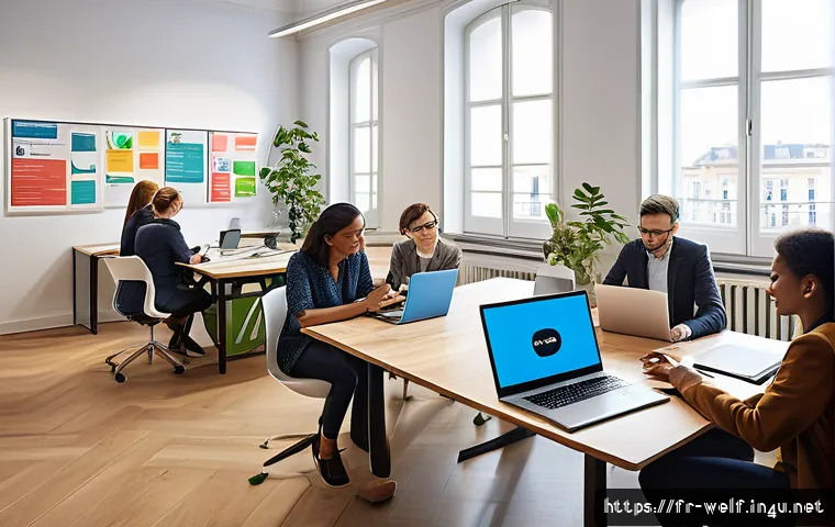 사회복지사 직업 만족도 조사 - A modern social work office environment in France, showing a diverse group of professional social wo...