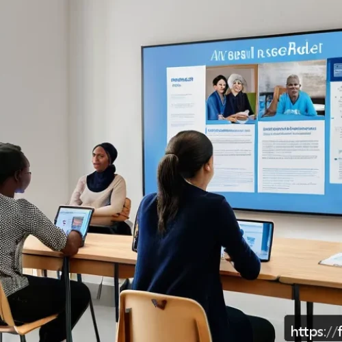 사회복지사 자격증 취득 비용 계산 - A modern French social work training center classroom scene, showing diverse adult students attentiv...