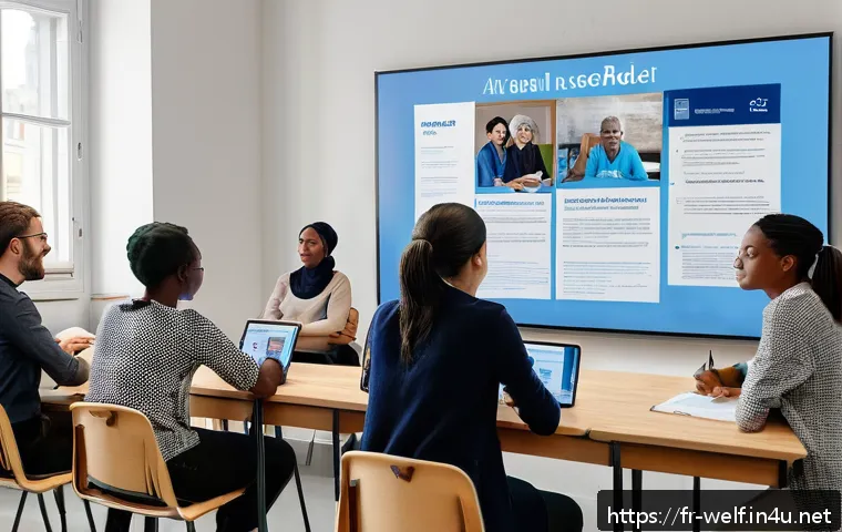 사회복지사 자격증 취득 비용 계산 - A modern French social work training center classroom scene, showing diverse adult students attentiv...