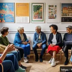 사회복지사 지역 복지 문제 해결 - A vibrant community center in a French urban neighborhood during a lively discussion session, divers...