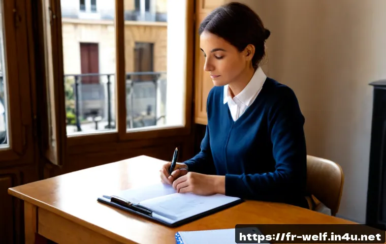 사회복지사 국가고시 최신 경향 - Photorealistic French social work licensing exam preparation scene, mature student seated at a tidy ...