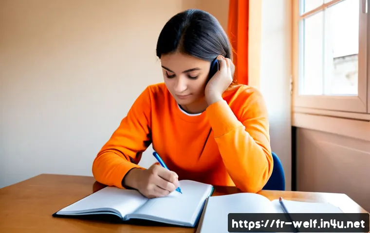 Home 30 사회복지사 1급 시험 후기 공유 - Photorealistic French adult social work student at a tidy home desk, quietly reflecting after a dema...