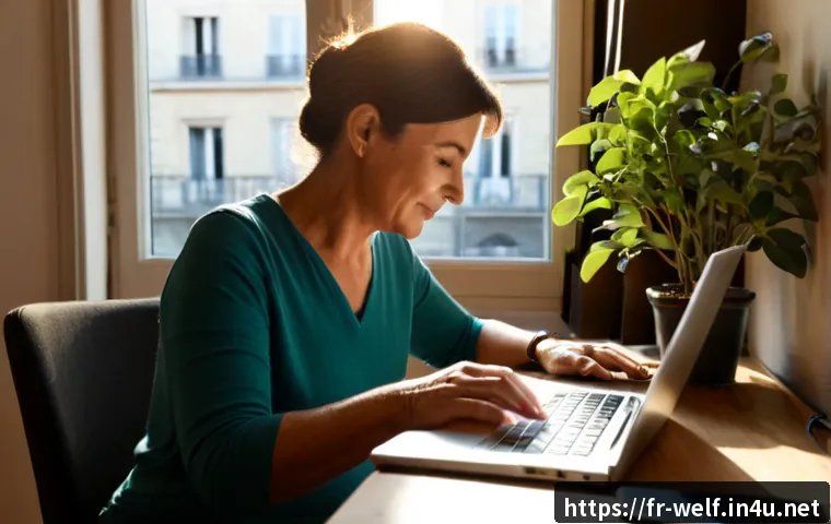 Home 17 사회복지사 일과 삶의 균형 - Photorealistic French social worker in her 40s finishing a client case file at a tidy home office de...