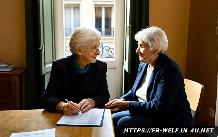 Home 17 사회복지사 자격증 활용 사례 - Photorealistic French social worker conducting a supportive home visit with an elderly woman in a br...